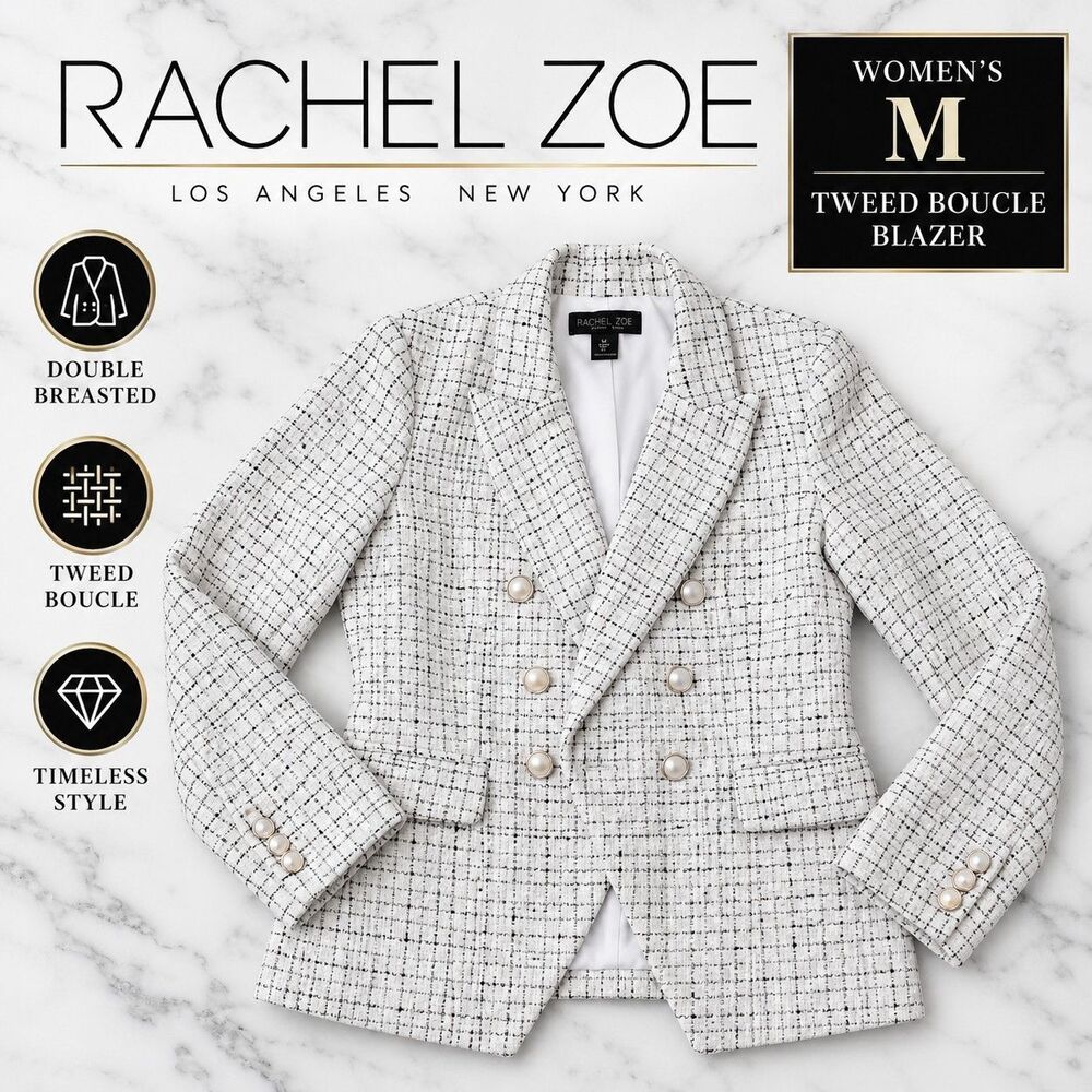 Rachel Zoe Women's M Black White Tweed Boucle Double Breasted Blazer
